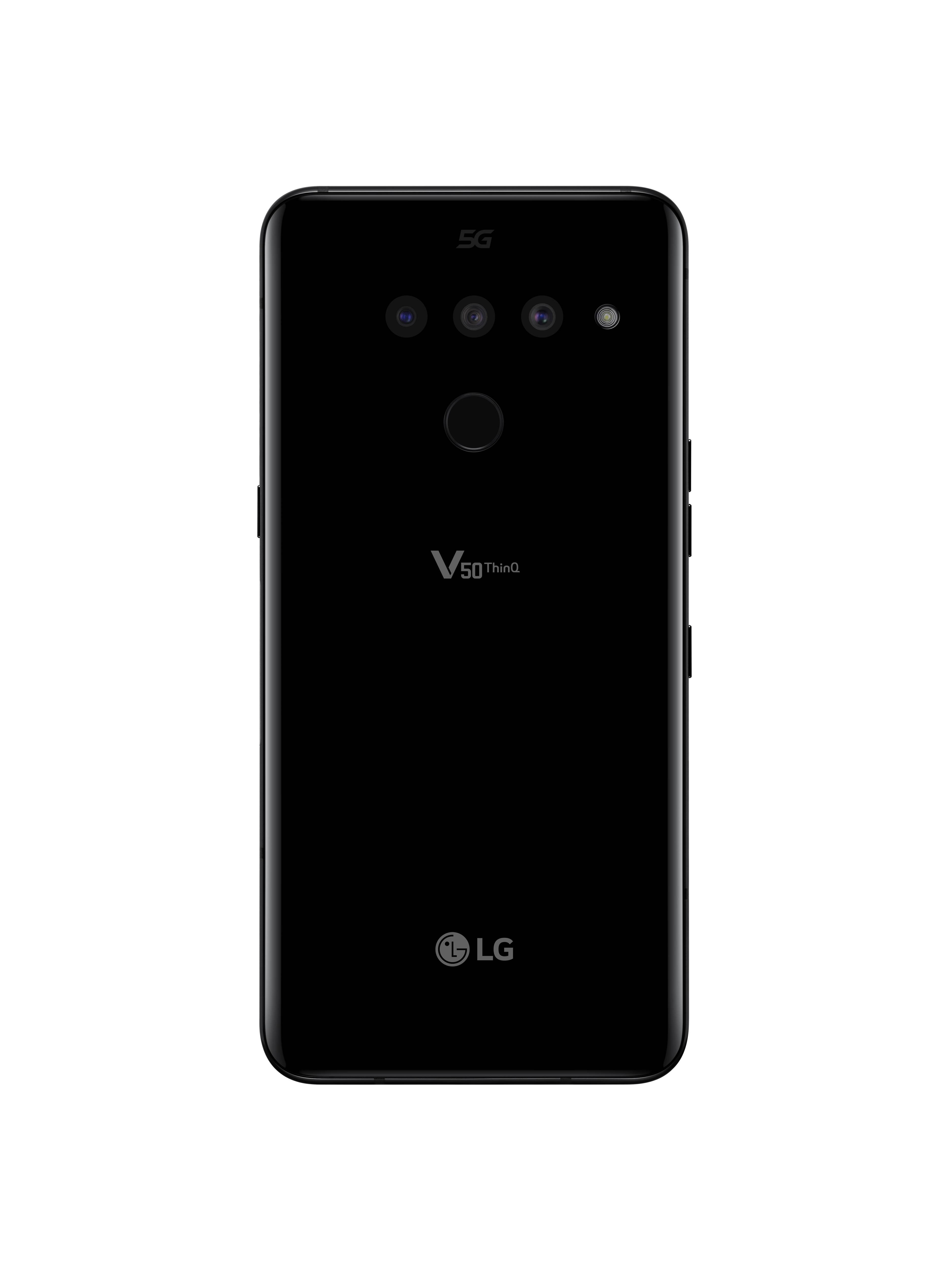 The rear view of the LG V50 ThinQ 5G in New Aurora Black