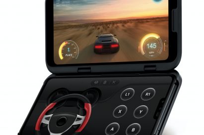 The front, side view of the LG V50 ThinQ 5G and the LG Dual Screen, with the Dual Screen showing a car game and the main screen displaying the LG Game Pad