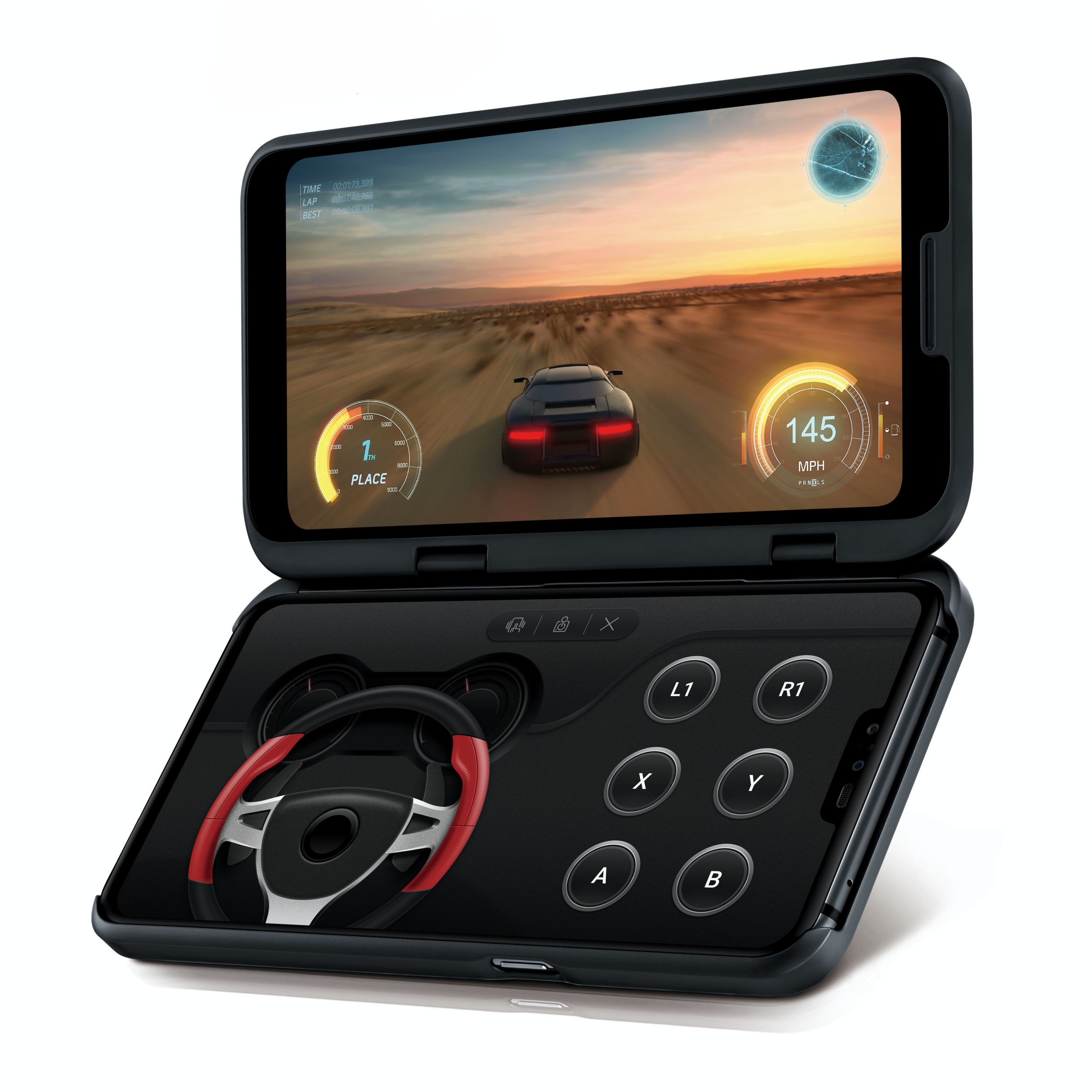 The front, side view of the LG V50 ThinQ 5G and the LG Dual Screen, with the Dual Screen showing a car game and the main screen displaying the LG Game Pad