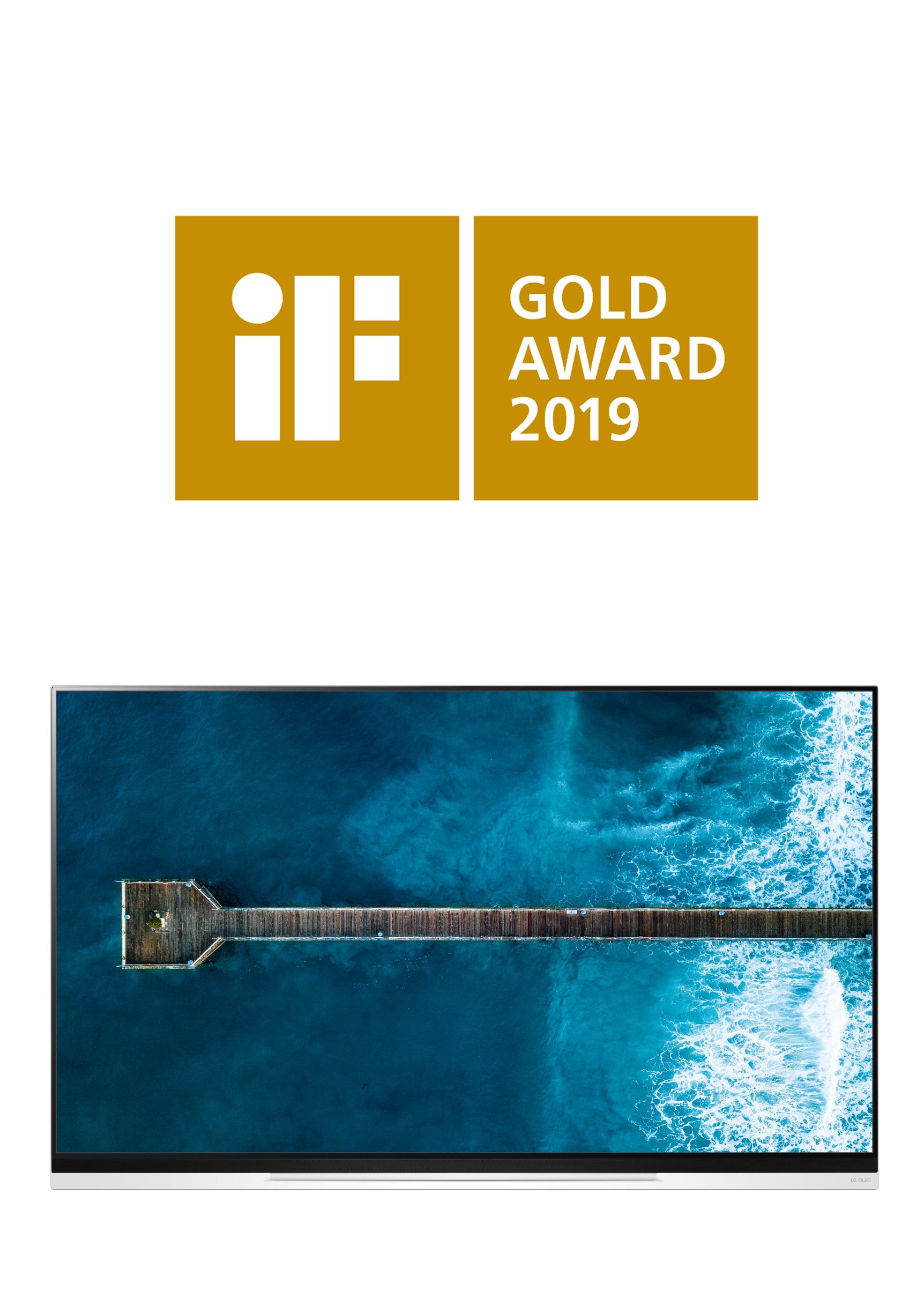 Logo of iF Gold Award and the LG OLED TV E9 image.
