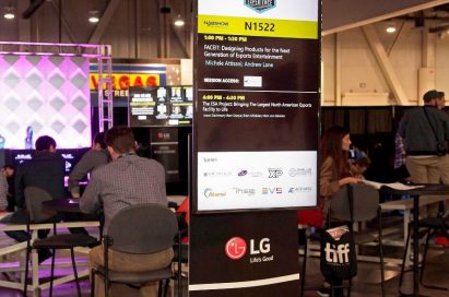 A standing banner of 2019 NAB Show introduces LG as the official 4K UHD TV partner.