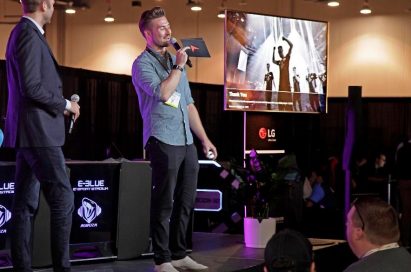 An LG 4K TV is used by a participating company during their presentation session at 2019 NAB Show.