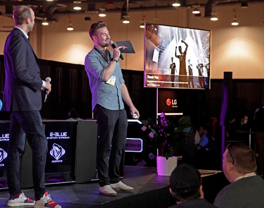 An LG 4K TV is used by a participating company during their presentation session at 2019 NAB Show.