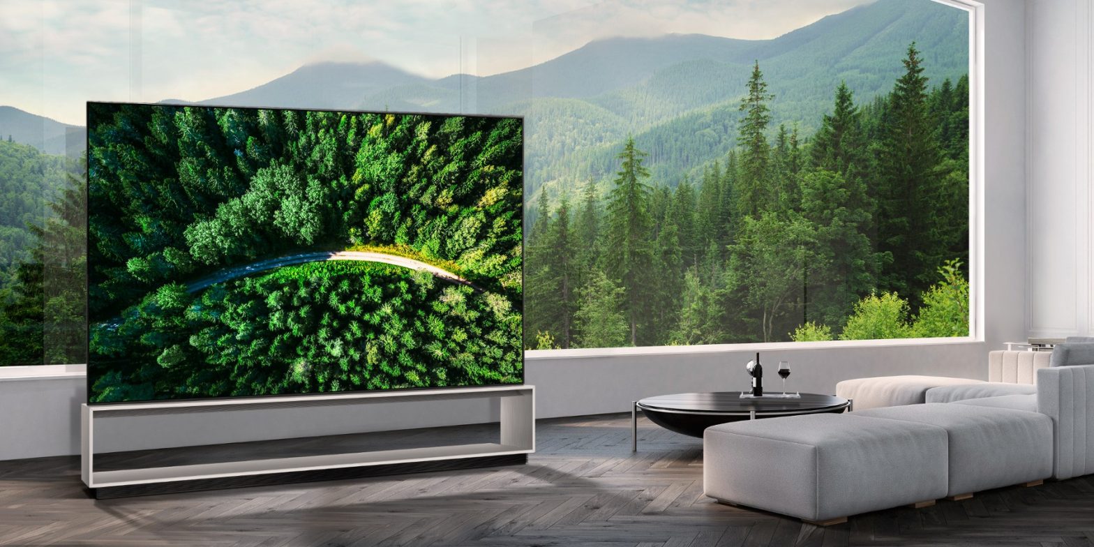 LG 8K OLED TV showing a road in the woods is placed in a spacious room with a spectacular view