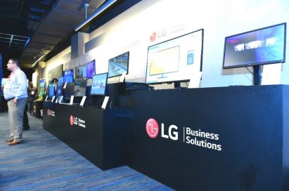 A side view of the promotional stands of LG’s B2B monitor products