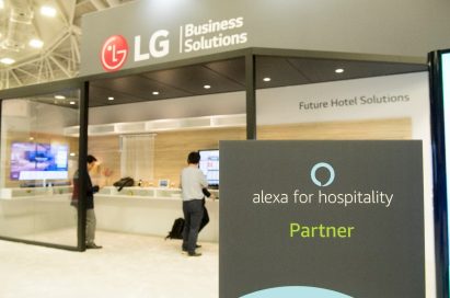 The outside of LG’s booth at the Hospitality Industry Technology Exposition and Conference, with a sign saying LG is an “Alexa for Hospitality Partner.”
