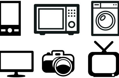 Icons of electronic devices including smartphone, microwave, washing machine, PC monitor, digital camera and television