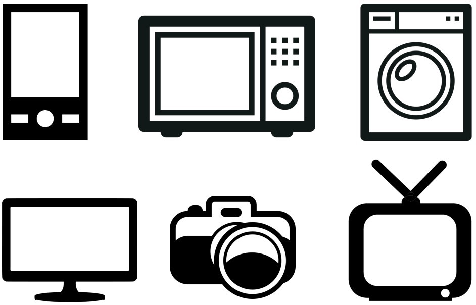 Icons of electronic devices including smartphone, microwave, washing machine, PC monitor, digital camera and television