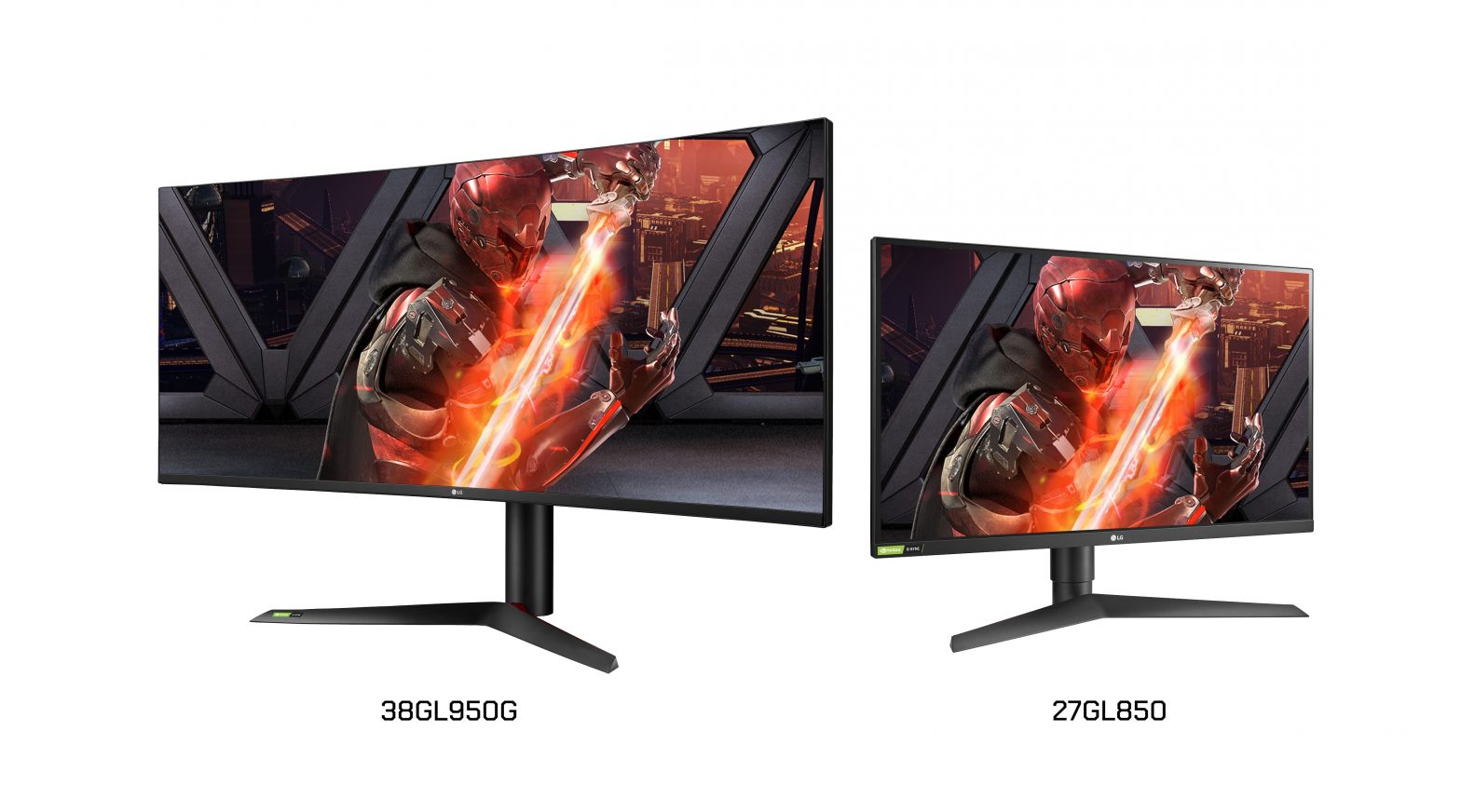 A right-side view of LG UltraGear Nano IPS G-SYNC Gaming Monitor model 38GL950G and a left-side view of model 27GL850