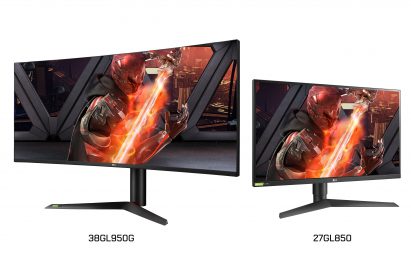 A right-side view of LG UltraGear Nano IPS G-SYNC Gaming Monitor model 38GL950G and a left-side view of model 27GL850