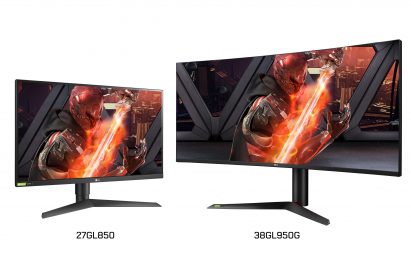 A left-side view of LG UltraGear Nano IPS G-SYNC Gaming Monitor model 27GL850 next to a right-side view of model 38GL950G