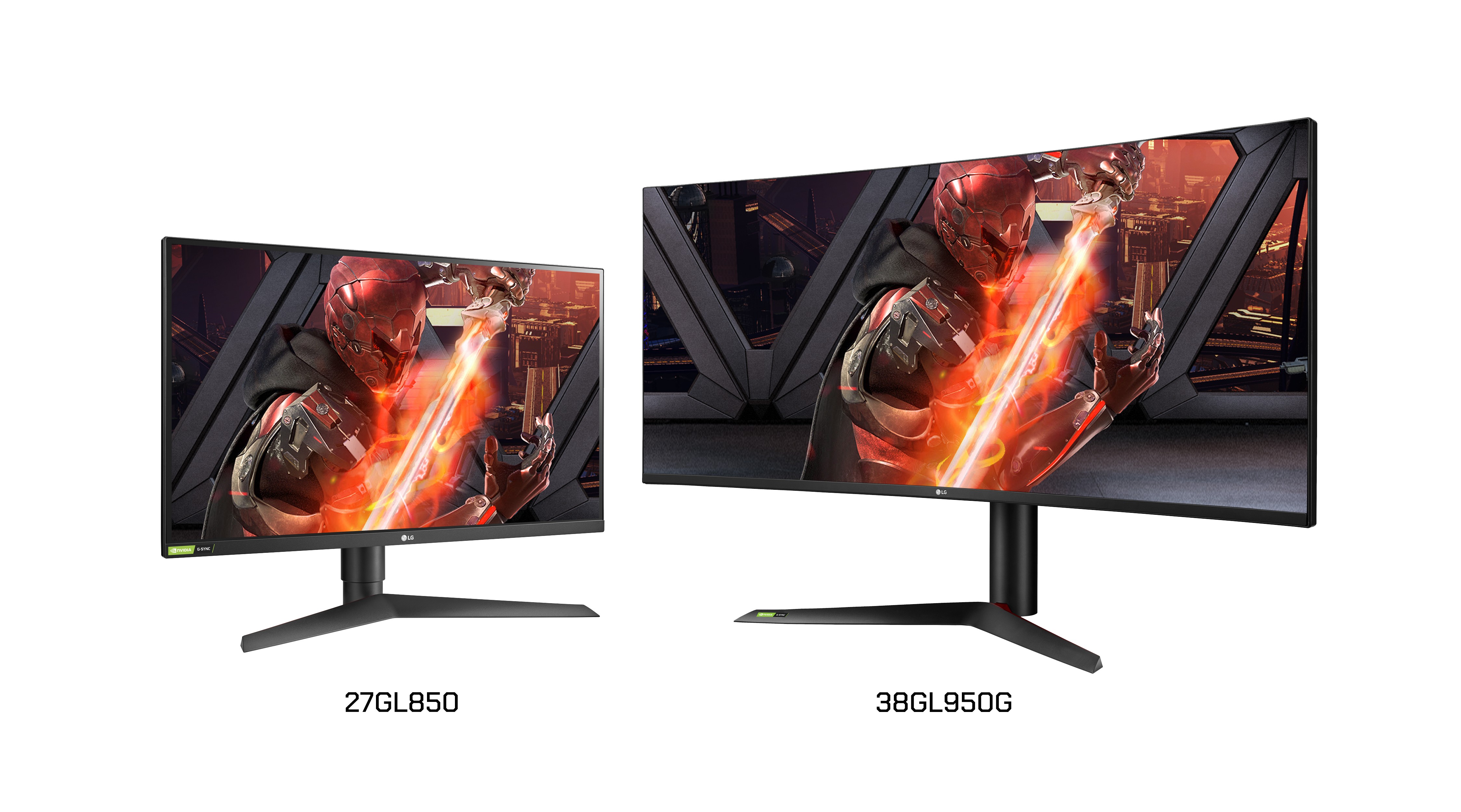 A left-side view of LG UltraGear Nano IPS G-SYNC Gaming Monitor model 27GL850 next to a right-side view of model 38GL950G
