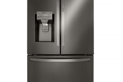 Front view of an LG three-door refrigerator with a door-ice maker