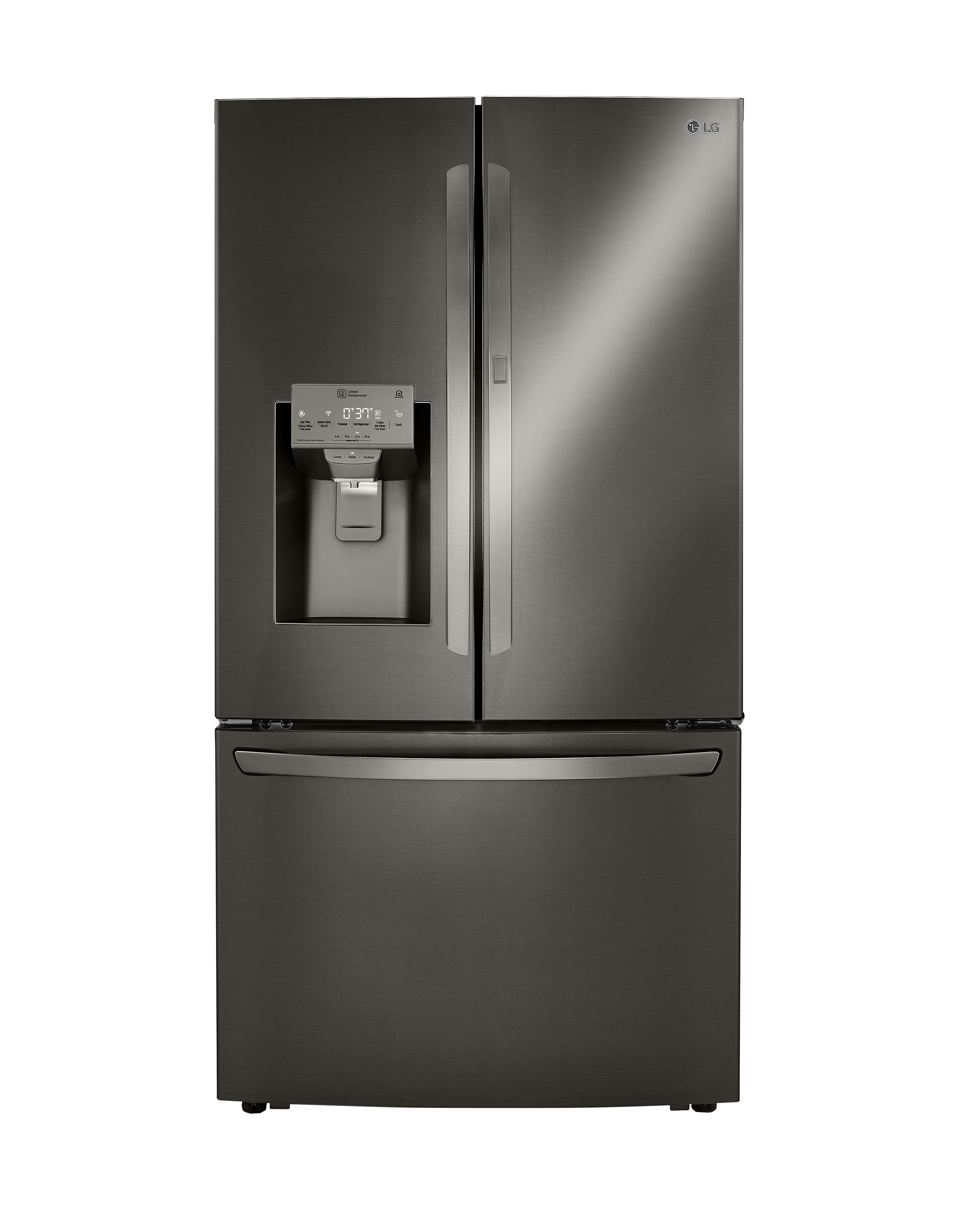 Front view of an LG three-door refrigerator with a door-ice maker