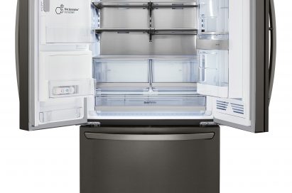 Front view of an LG three-door refrigerator with a door-ice maker with the top doors open