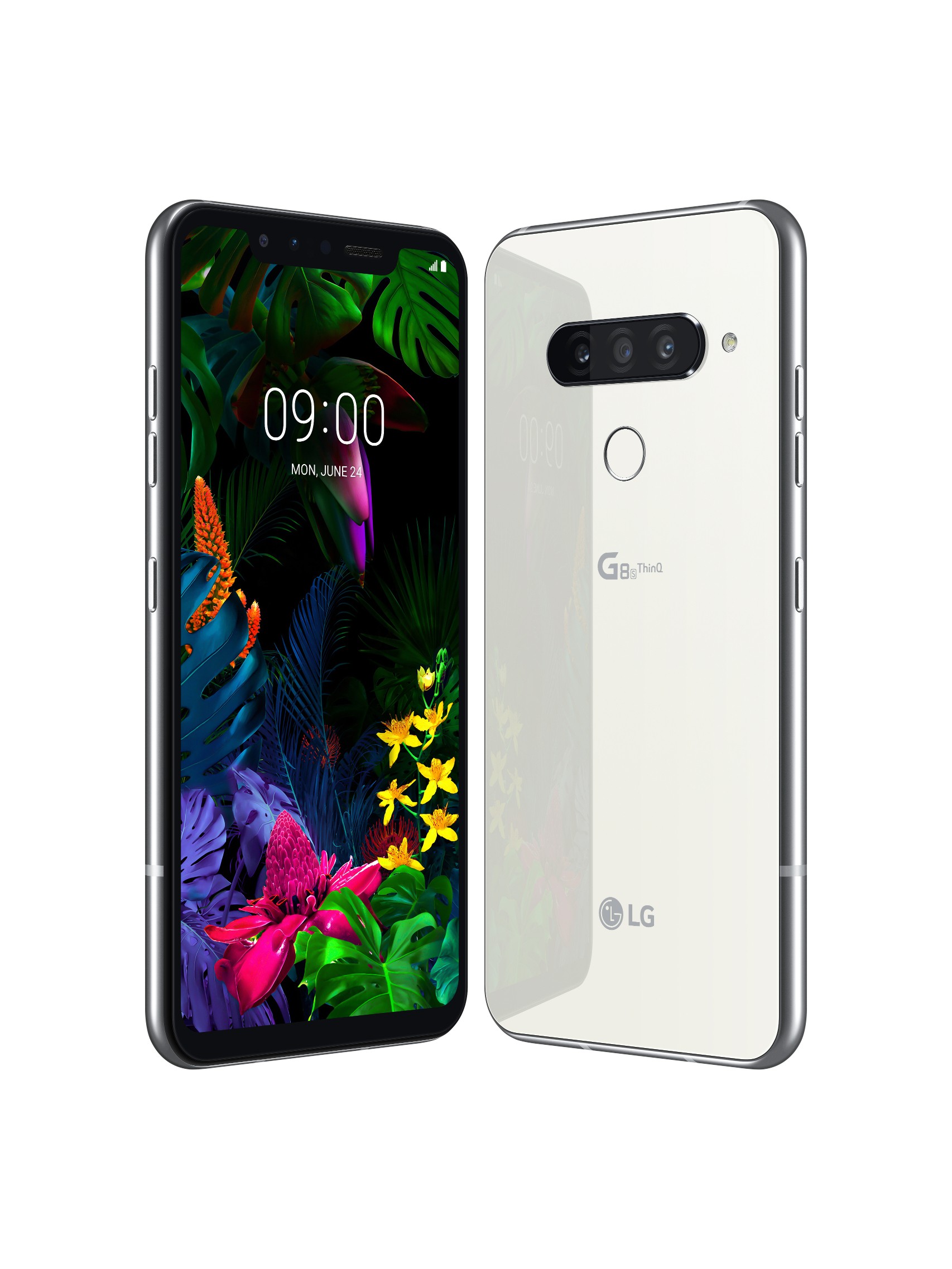 The front and rear view of the LG G8S ThinQ in Mirror White