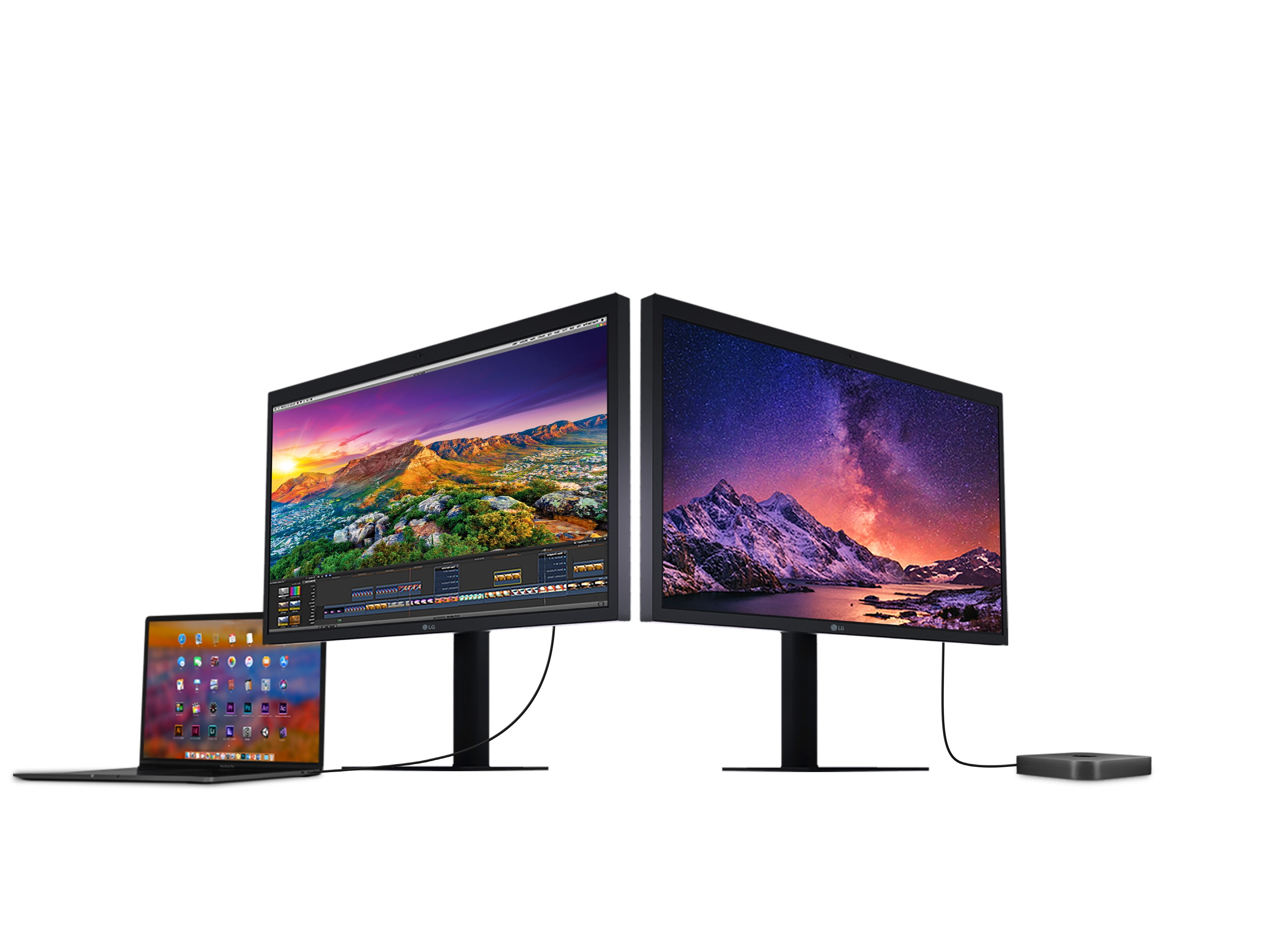 A right and left-side view of the LG UltraFine 5K, one connected to a laptop and the other connected to a device