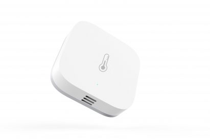 Front view of LUMI's Aqara sensor in white hovering in the air