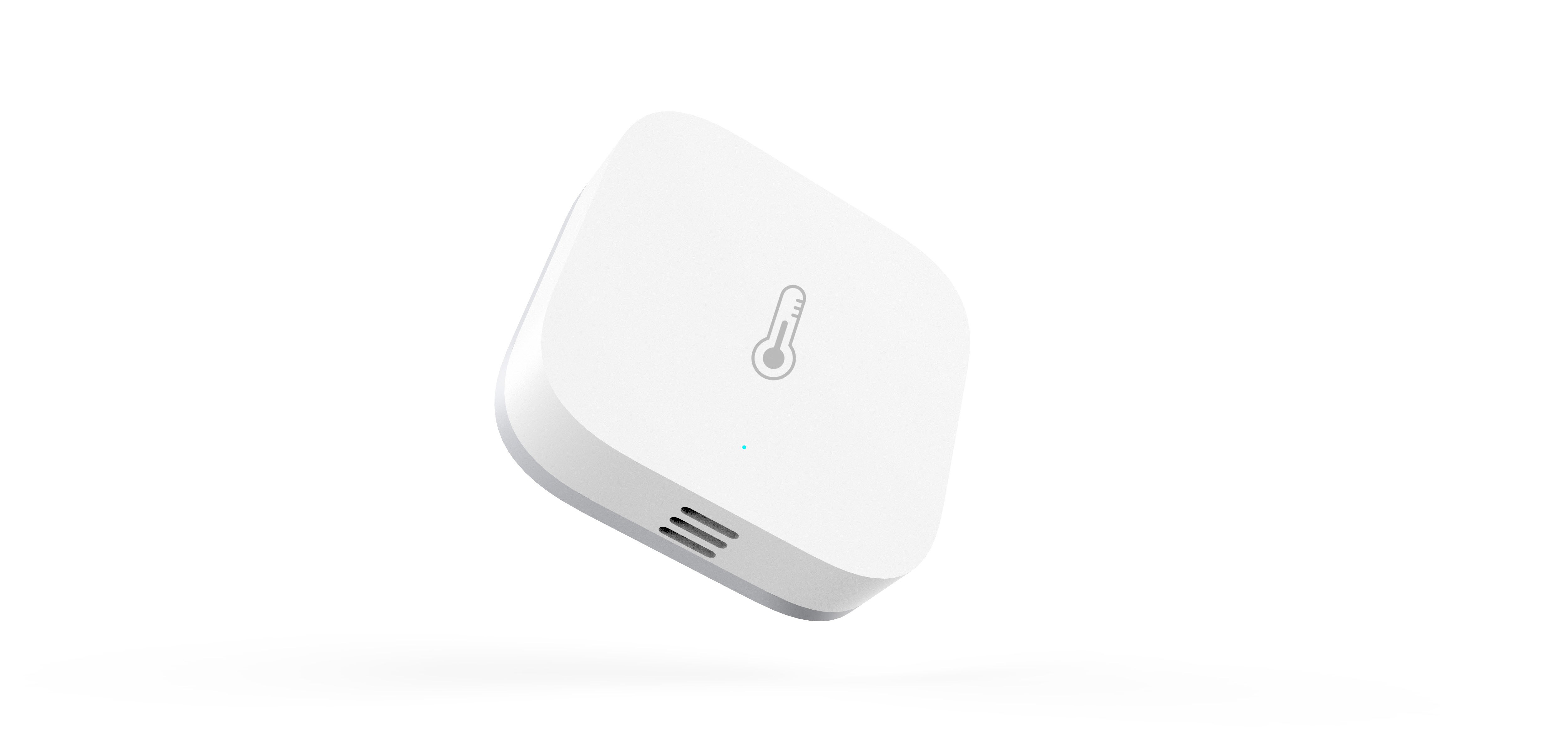 Front view of LUMI's Aqara sensor in white hovering in the air