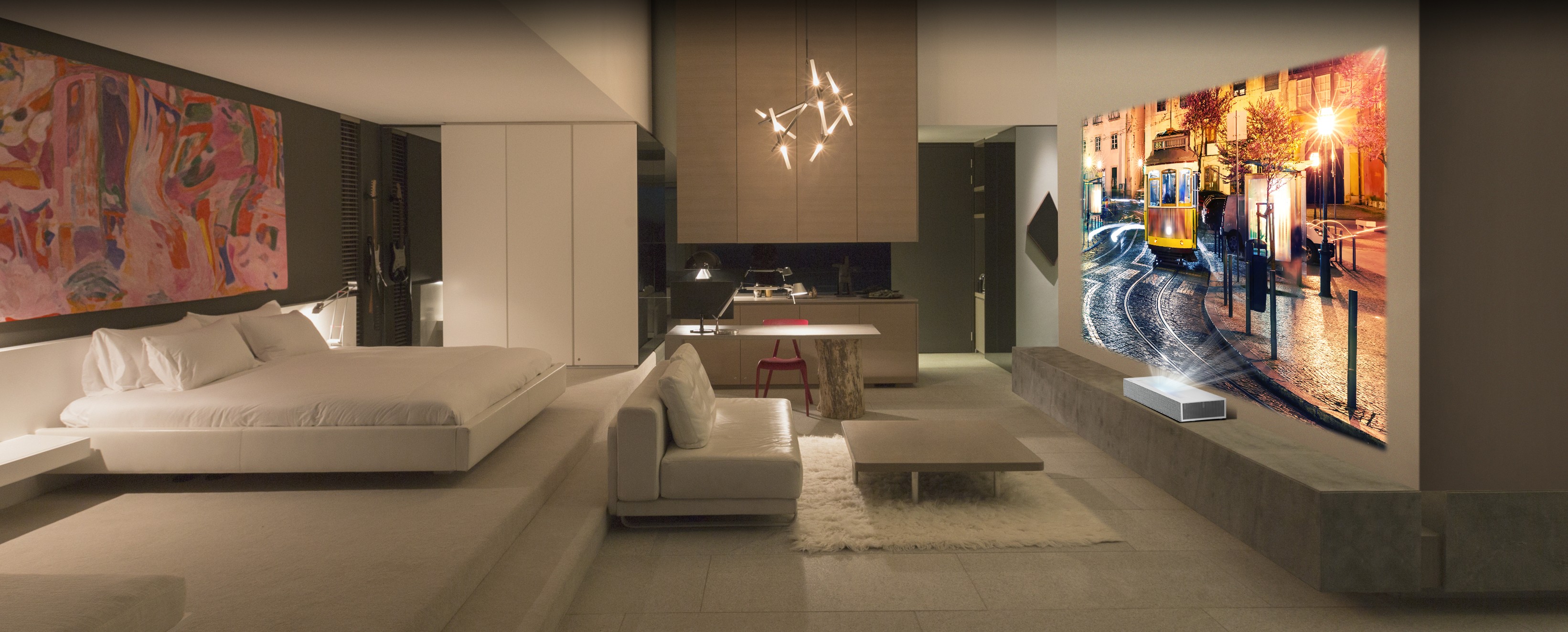 A view of LG CineBeam 4K UHD projector model HU85L producing images of a picturesque street in a modern, low-lit bedroom