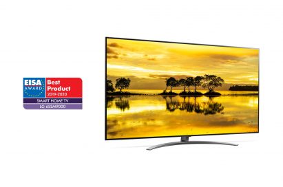 A left-side view of LG NanoCell TV model 65SM9000 with the EISA Award logo on the left