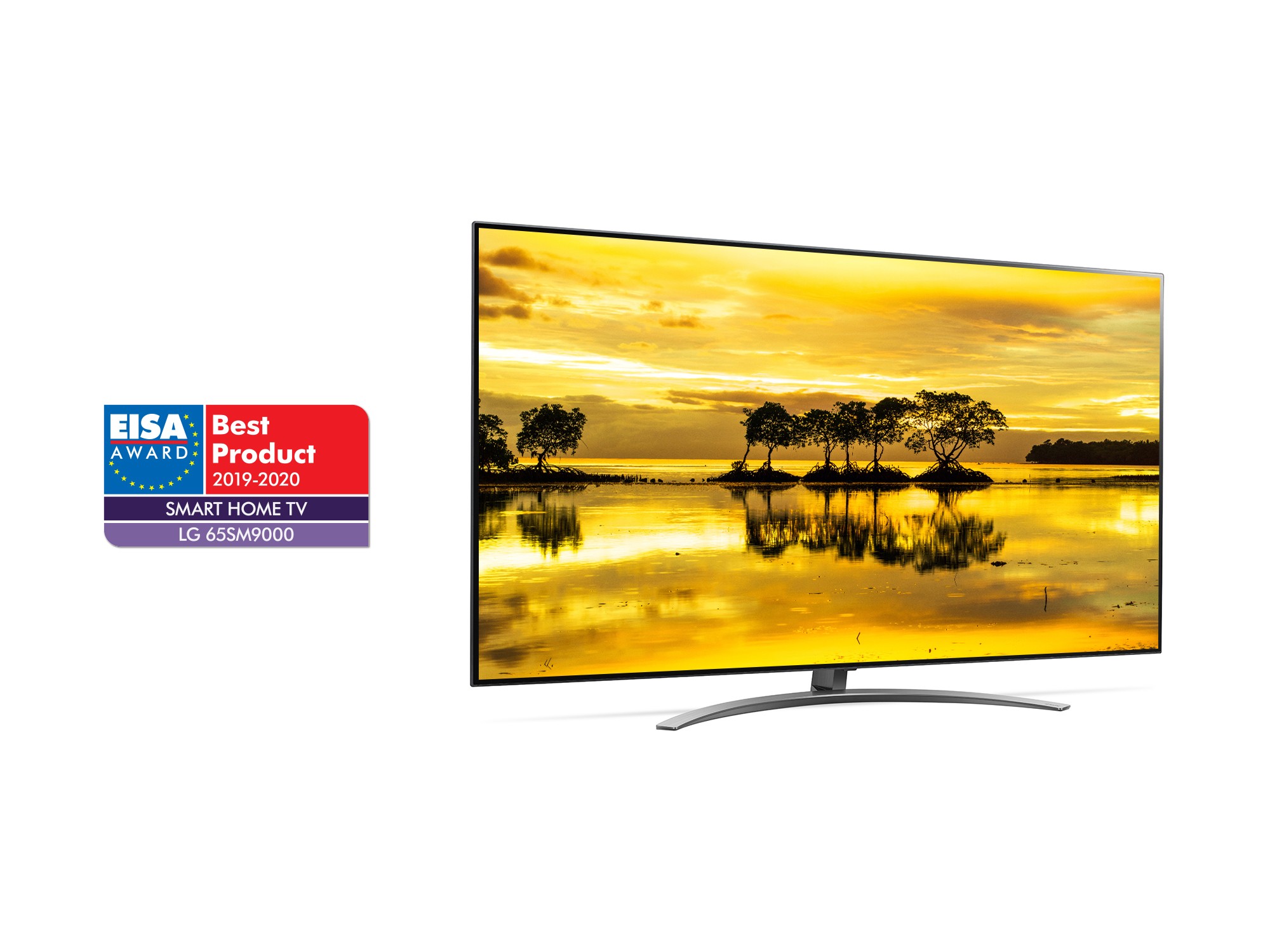 A left-side view of LG NanoCell TV model 65SM9000 with the EISA Award logo on the left