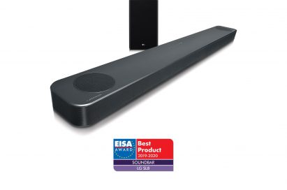 A left-side view of LG Soundbar model SL8YG above the EISA Award logo