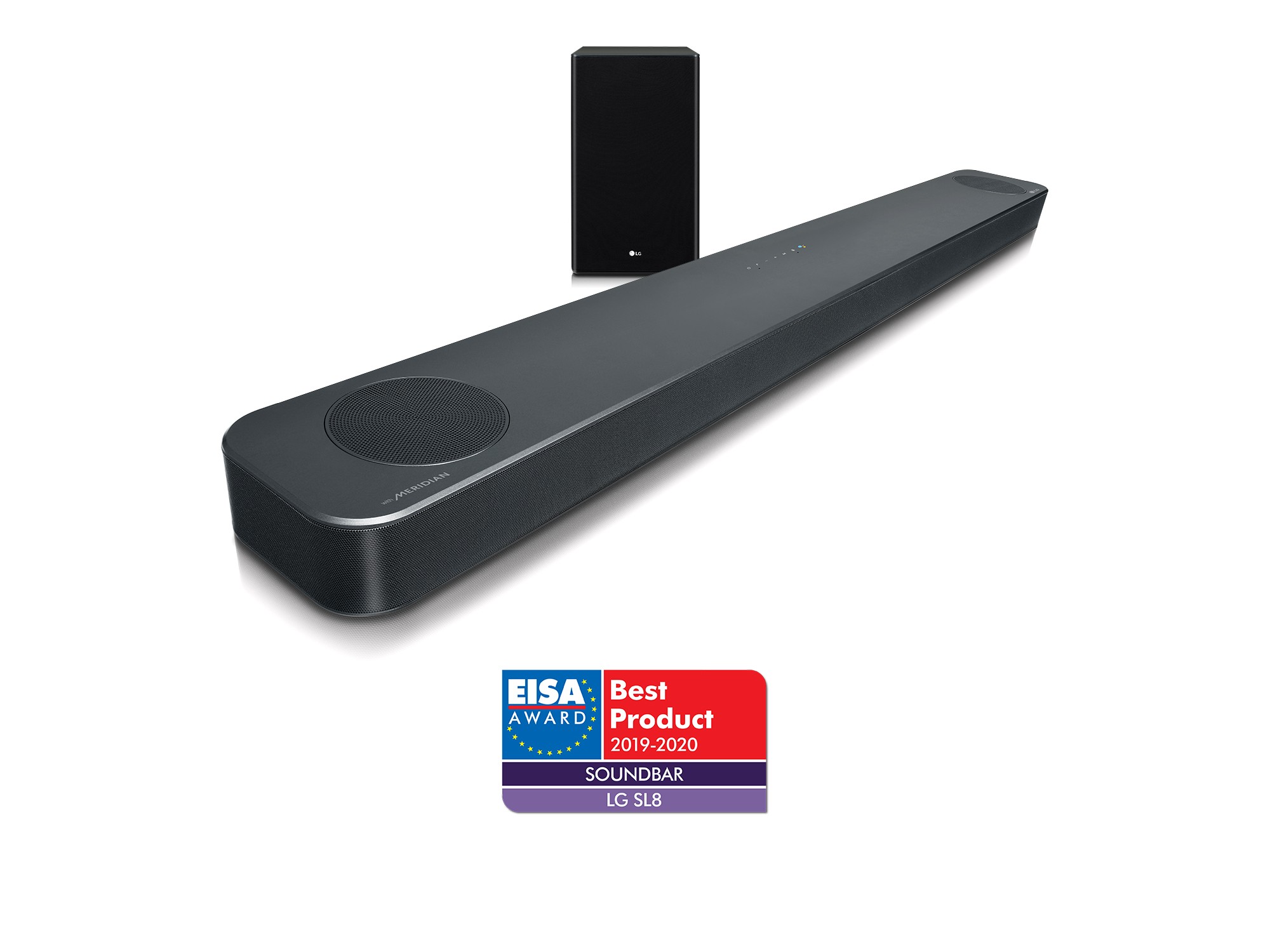 A left-side view of LG Soundbar model SL8YG above the EISA Award logo