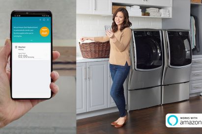 A woman holds a laundry basket while looking at her phone in front of LG laundry appliances, with a close-up of the smartphone displaying the remaining wash time and an option to set up Amazon Dash Replenishment.