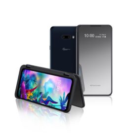 The front and rear view of the LG G8X ThinQ in Aurora Black and the upgraded LG Dual Screen, with the front device folded like a tent