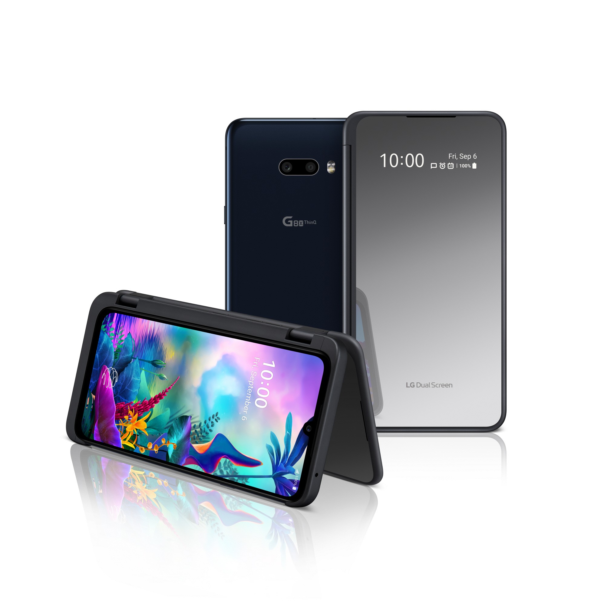 The front and rear view of the LG G8X ThinQ in Aurora Black and the upgraded LG Dual Screen, with the front device folded like a tent