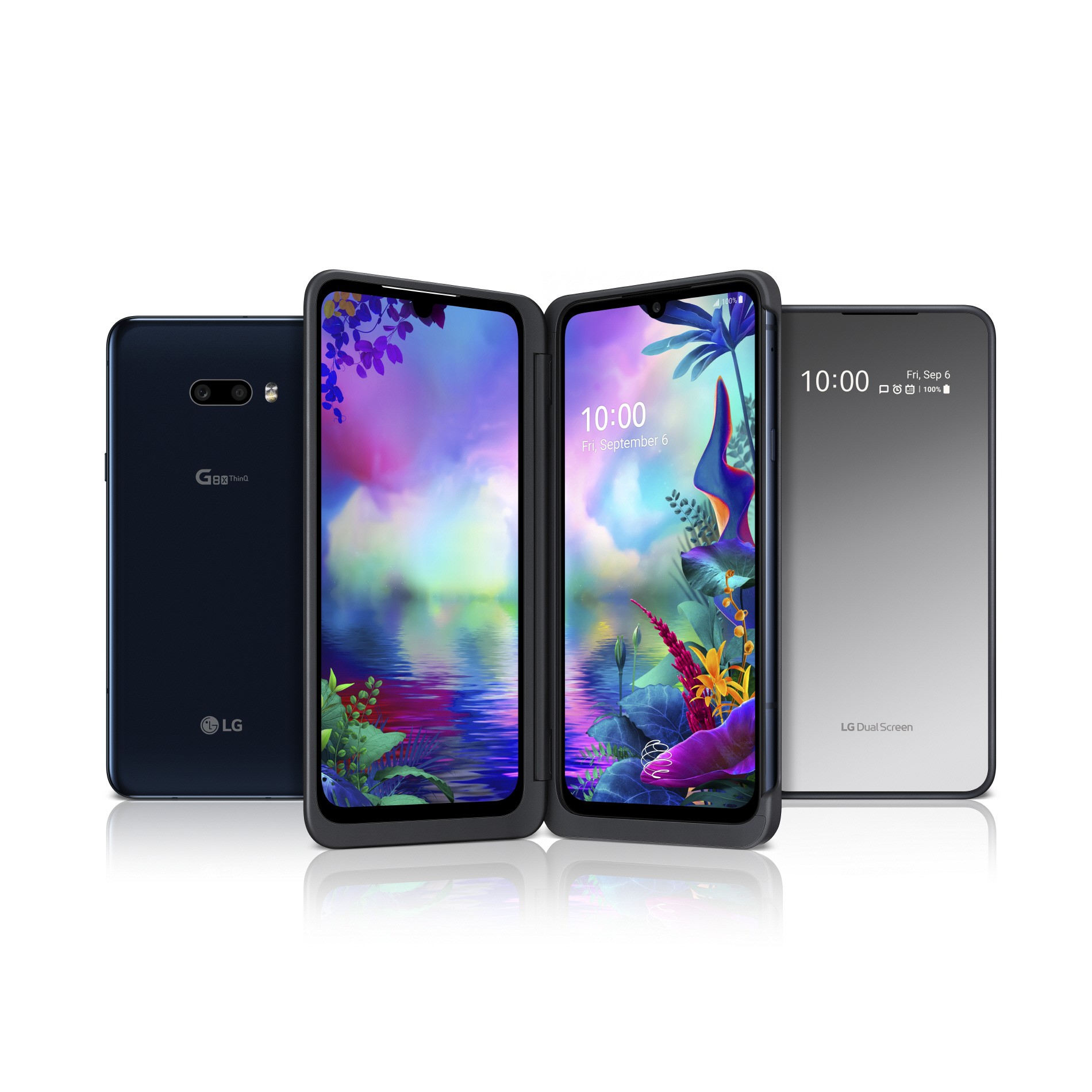The front and rear view of the LG G8X ThinQ in Aurora Black and the upgraded LG Dual Screen