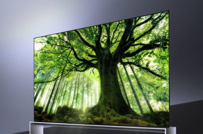 A right-side view of LG SIGNATURE OLED 8K TV model 88Z9 showing a tall tree