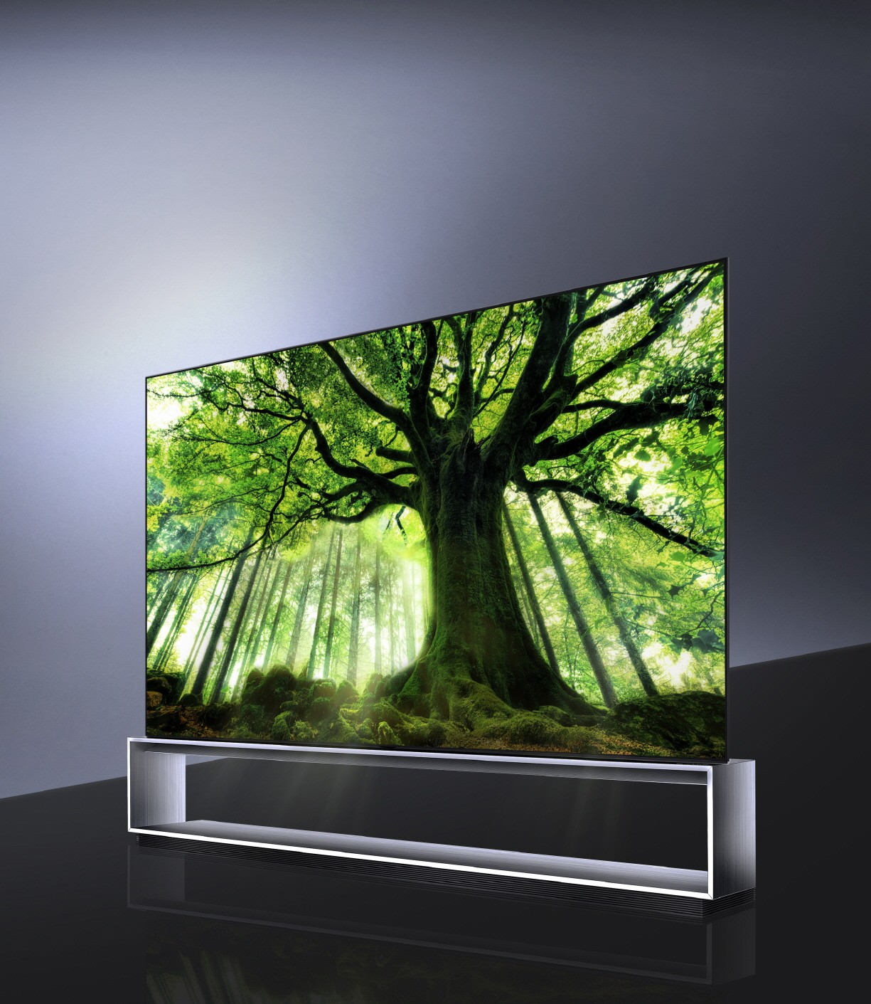 A right-side view of LG SIGNATURE OLED 8K TV model 88Z9 showing a tall tree