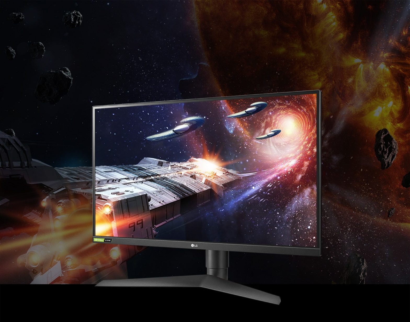 A right-side view of the LG UltraGear Monitor model 27GN750 displaying life-like images of space with rich colors in a dark setting