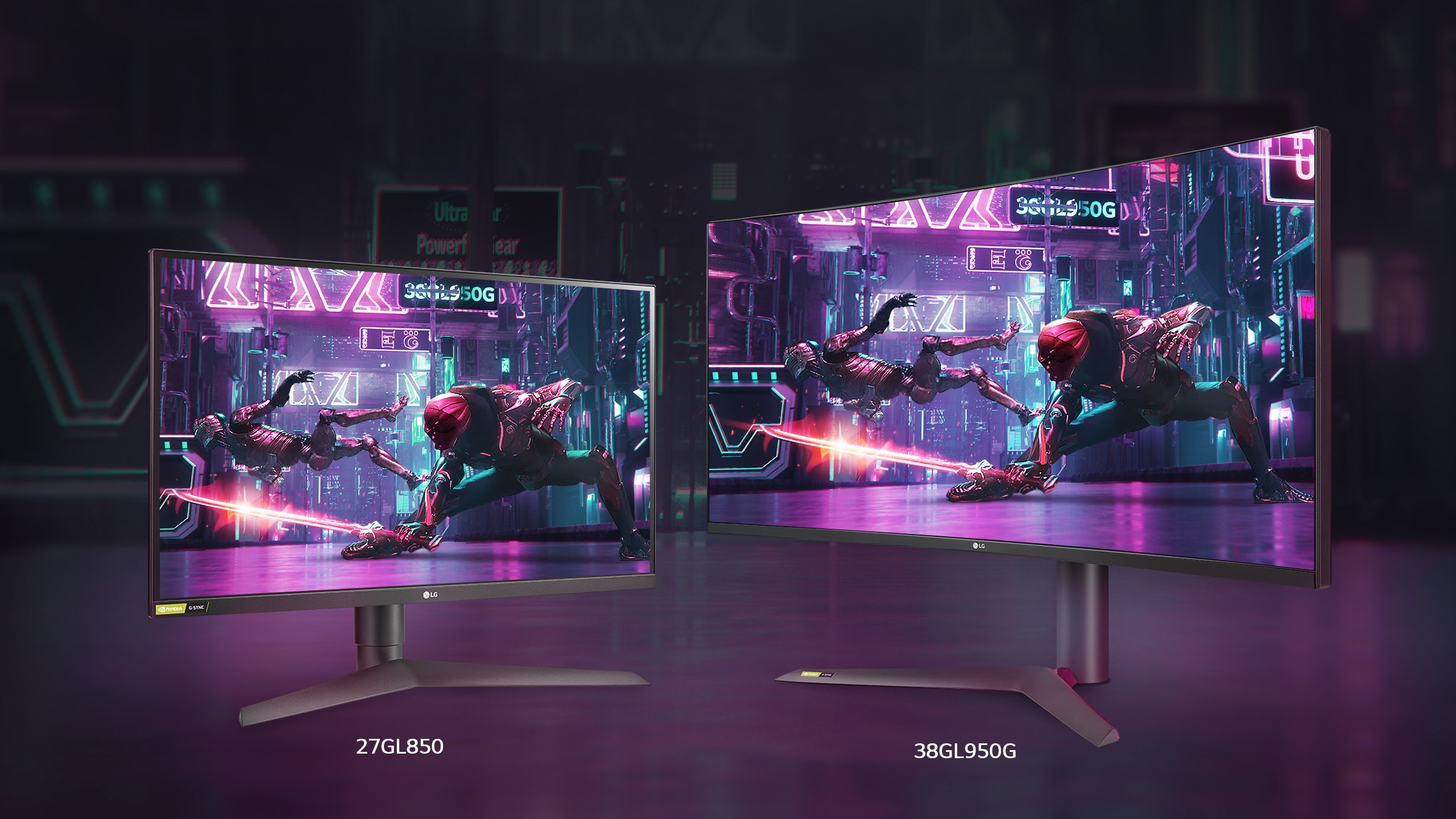 Side-by-side LG UltraGear Monitor models 27GL850 and 38GL950G, both producing rich colors in the dark