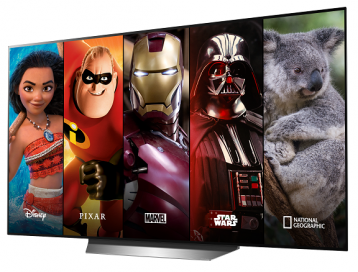 The screen of an LG TV displays five different characters from major TV shows and films available on the Disney+ app, which includes content from Disney, Pixar, Marvel, Star Wars and National Geographic.