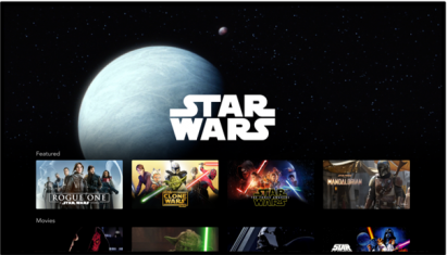 The content list of the Star Wars section displayed on the Disney+ app.