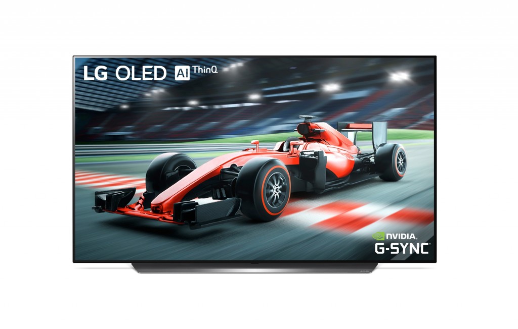 NVIDIA G-SYNC on LG OLED TV model C9 displaying a scene of car racing