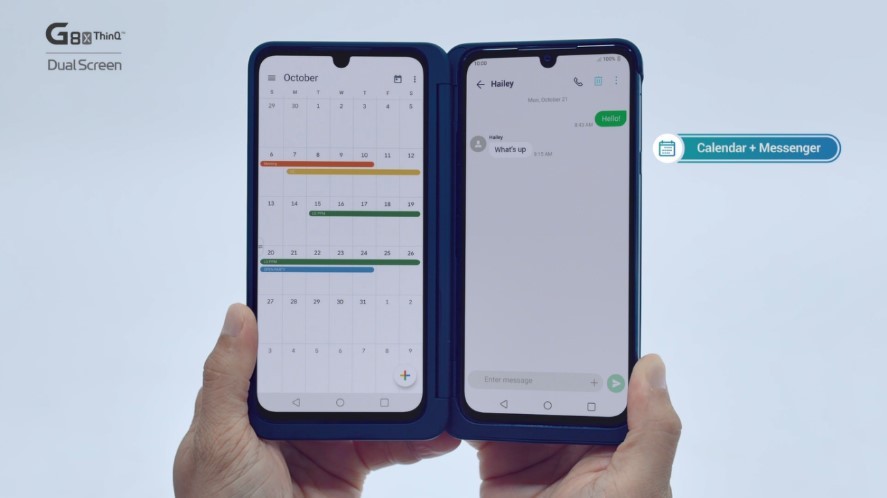 The LG G8X ThinQ with Dual Screen held up with two hands while displaying the calendar on screen, and the text application on the other simultaneously.
