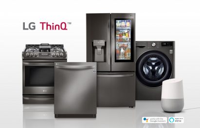 LG smart appliances lineup including refrigerator, front-load washing machine, oven and dishwasher with the SmartThinQ™ logo on the upper left. Google Home, an AI speaker with Google Assistant standing along with LG smart appliances.