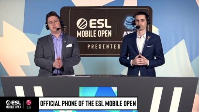 Two male announcers introduce the LG G8X ThinQ with Dual Screen as the official phone of the ESL Mobile Open.