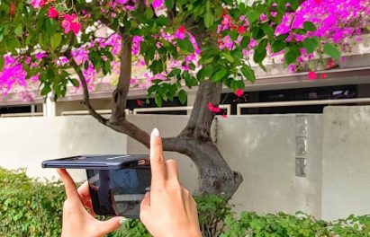 A woman holds up her LG G8X ThinQ in two hands while using the smartphone’s second screen to preview her photo of purple flowers at a tilted angle.