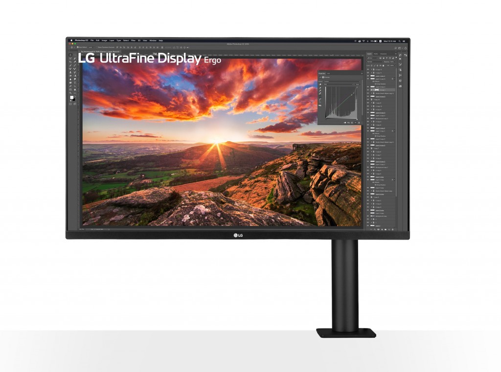 Front view of LG UltraFine Monitor 32UN880 perfectly displaying a colorful, highly detailed photo of a sunrise landscape