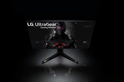 Front view of LG UltraGear monitor 27GN950 displaying a video game image in a dark setting
