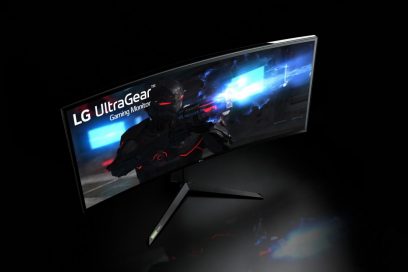Upper left-side view of LG UltraGear monitor 34GN850 displaying a video game image in a dark setting
