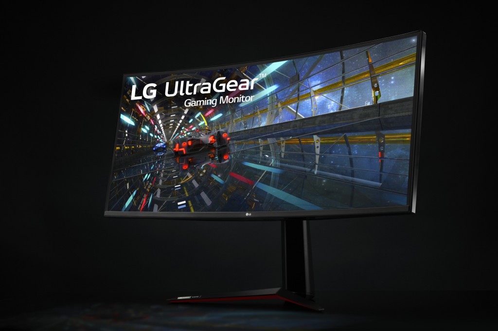 Front right-side view of LG UltraGear monitor 38GN950 displaying a video game image in a dark setting