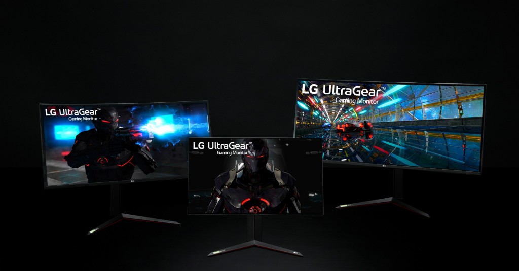 A promotional shot of three side-by-side LG UltraGear monitors displaying video game images in a dark setting