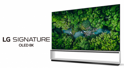 Right side view of LG’s 2020 Real 8K OLED TV with the LG SIGNATURE OLED 8K logo positioned on the left