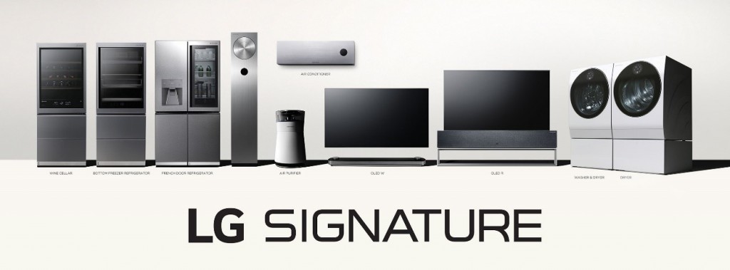 The LG SIGNATURE lineup including the refrigerator, air purifier, OLED TV and washing machine.